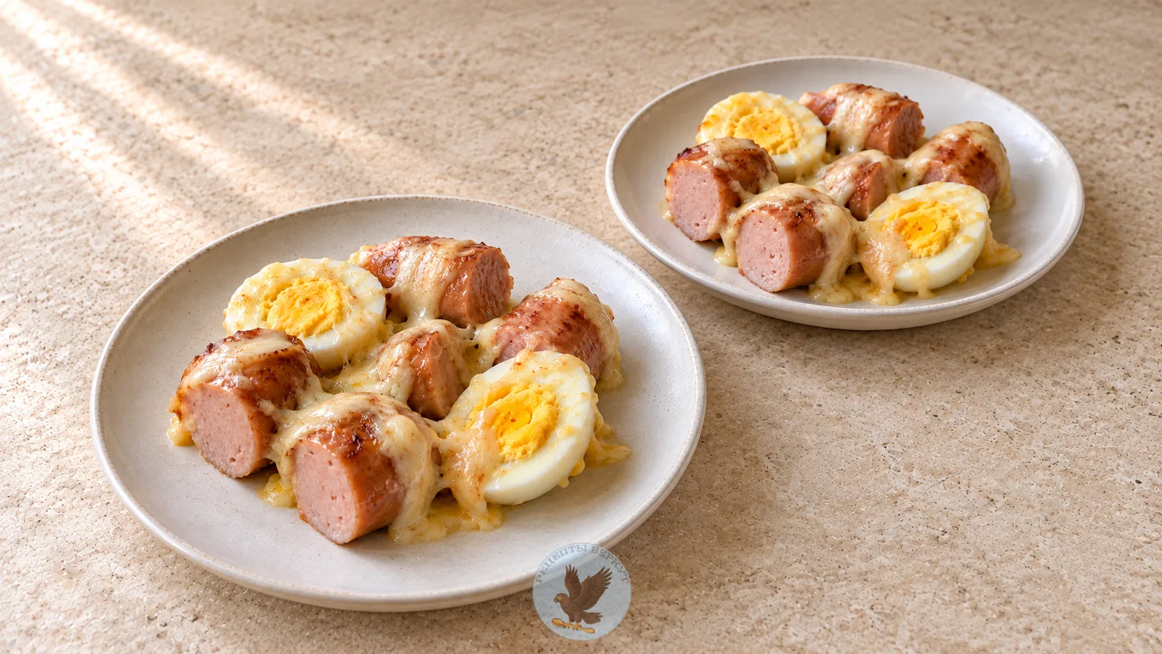 Горячий завтрак с варёными яйцами, сосисками и сыром