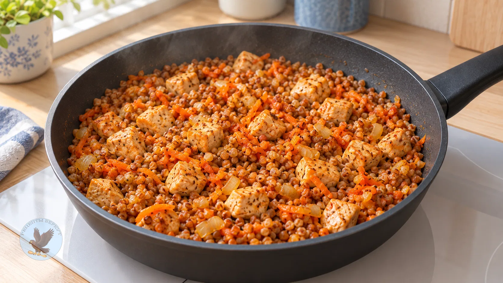 Гречка по-купечески с куриным филе на сковороде